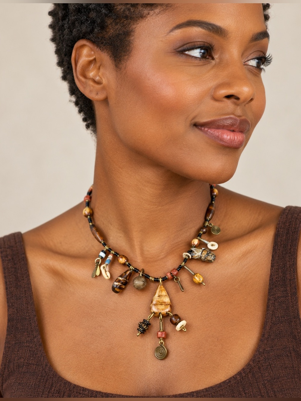 Artisan Boho Mixed Media Charm Necklace Wood Beads Brass Earthy Statement
